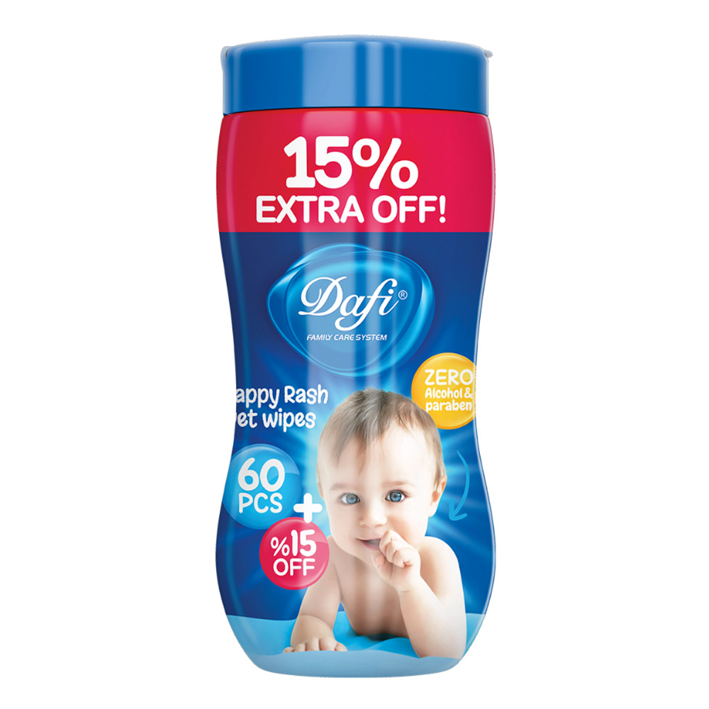 دافی دستمال مرطوب پاک کننده کودک اکسترا مناسب برای التهاب و سوختگی پای کودک قوطی پنجاه عددی
